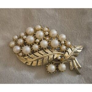 Vintage Off White Faux Pearl  Textured Leaf  Brooch Pin 2.5 " Long  1.5 " Wide
